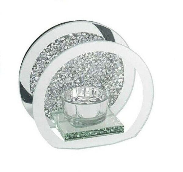 EagleWiz Round Crushed Crystal Tealight Candle Holder Silver Mirror Glass