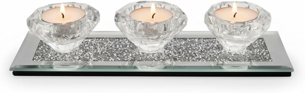 EagleWiz Crushed Crystal 3 Tealights Candle Holder Plate Crystal Affect Mirror Diamante Home Decor Triple tea light holder