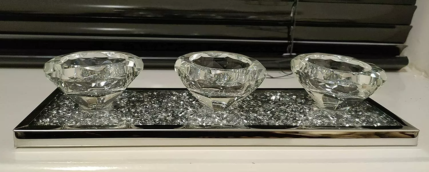 EagleWiz Crushed Crystal 3 Tealights Candle Holder Plate Crystal Affect Mirror Diamante Home Decor Triple tea light holder - Image 6
