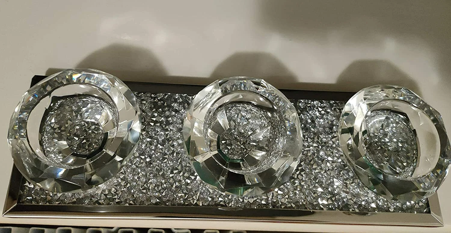 EagleWiz Crushed Crystal 3 Tealights Candle Holder Plate Crystal Affect Mirror Diamante Home Decor Triple tea light holder - Image 7