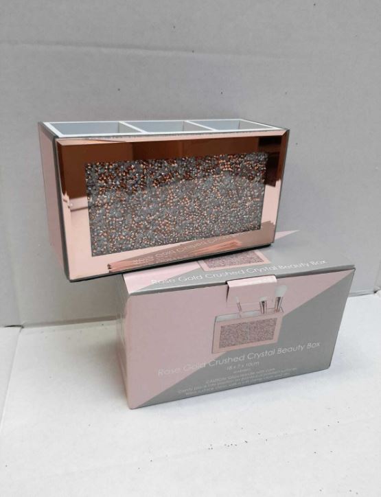 EagleWiz Rose Gold Crushed Crystal diamante Mirror Glass Beauty box, Makeup, Brush holder 3-Sections|compartments - Image 3