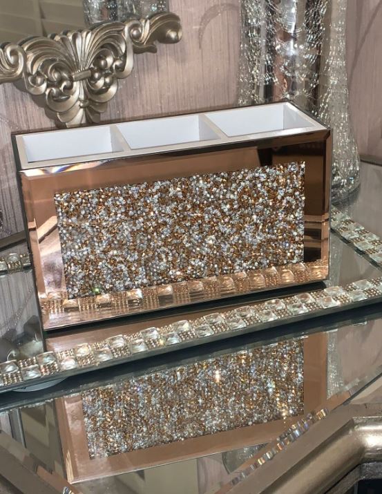 EagleWiz Rose Gold Crushed Crystal diamante Mirror Glass Beauty box, Makeup, Brush holder 3-Sections|compartments - Image 5