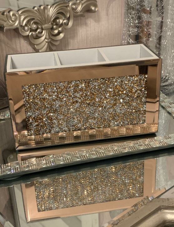 EagleWiz Rose Gold Crushed Crystal diamante Mirror Glass Beauty box, Makeup, Brush holder 3-Sections|compartments - Image 7