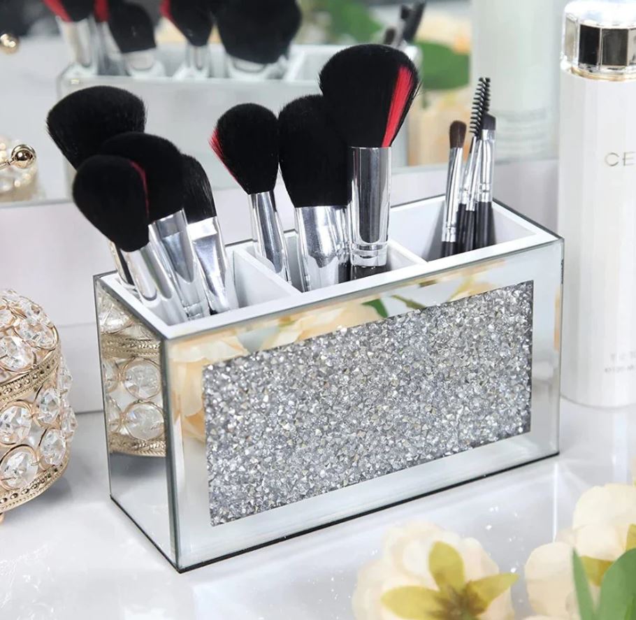 EagleWiz Silver Sparkle Crushed Crystal diamante Mirror Glass Beauty box, Makeup, Brush holder 3-Sections/compartments