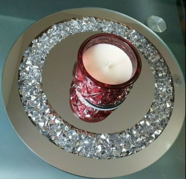 EagleWiz Round Decorative Silver Crushed Crystal Diamond Jewels Mirror Candle Plate Table Centerpiece Wedding Gift 20cm