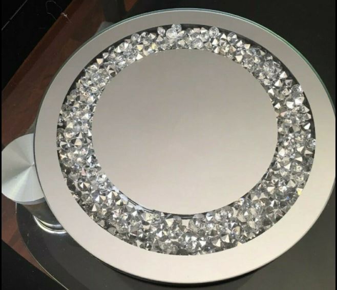 EagleWiz Round Decorative Silver Crushed Crystal Diamond Jewels Mirror Candle Plate Table Centerpiece Wedding Gift 20cm - Image 3