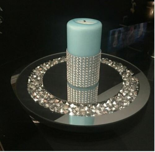 EagleWiz Round Decorative Silver Crushed Crystal Diamond Jewels Mirror Candle Plate Table Centerpiece Wedding Gift 20cm - Image 4