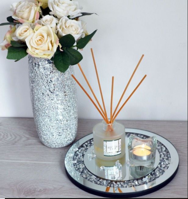 EagleWiz Round Decorative Silver Crushed Crystal Diamond Jewels Mirror Candle Plate Table Centerpiece Wedding Gift 20cm - Image 6