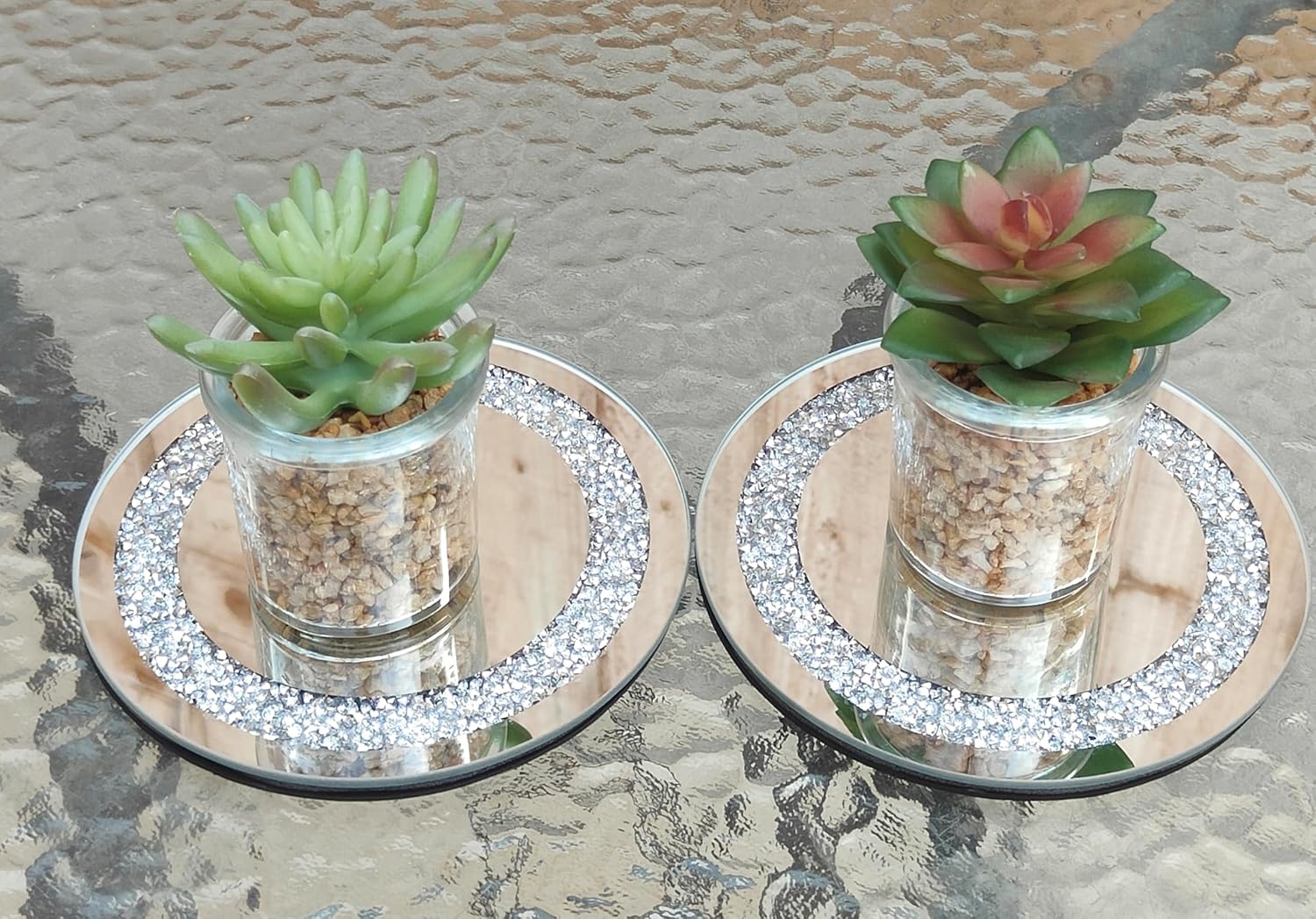 Set of 2 Crushed Jewels Diamante Mirrored Candle Plate Centerpiece 15cm