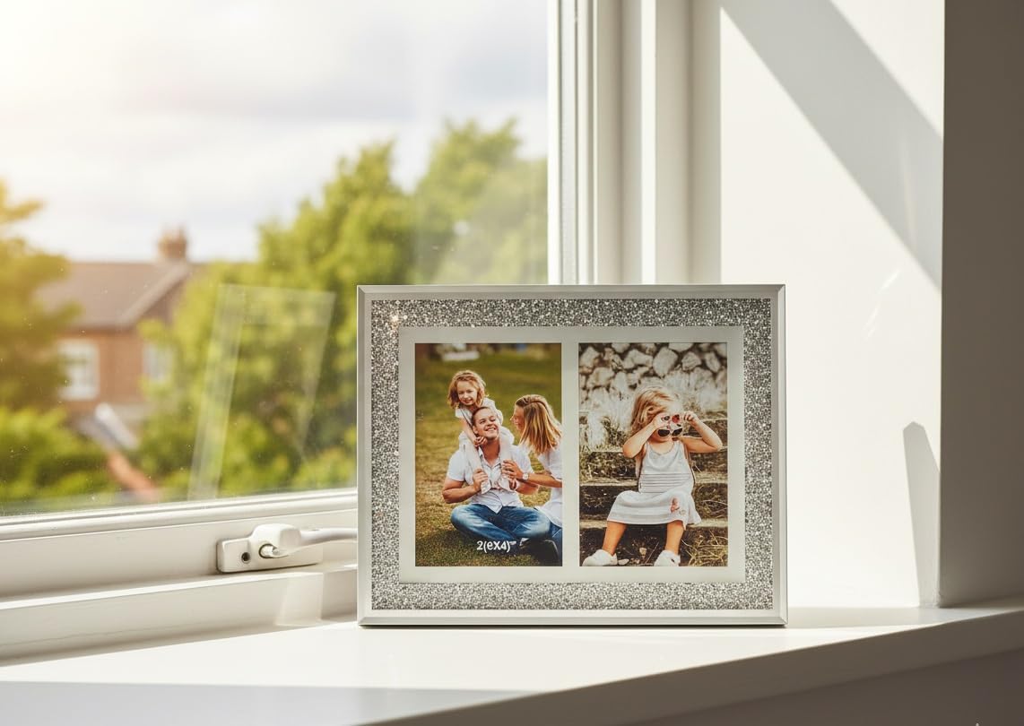 EagleWiz Crushed Crystal Mirror Diamond Jewels Double Photo Frame, Two Photos Silver (6x4 inch)