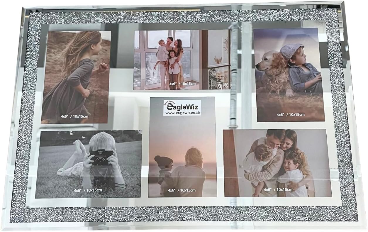 Crystal crushed jewel mirrored diamond Effect 6 Collage Photos Wall Frame Silver Mirror affect 4x6inch Wedding Gift