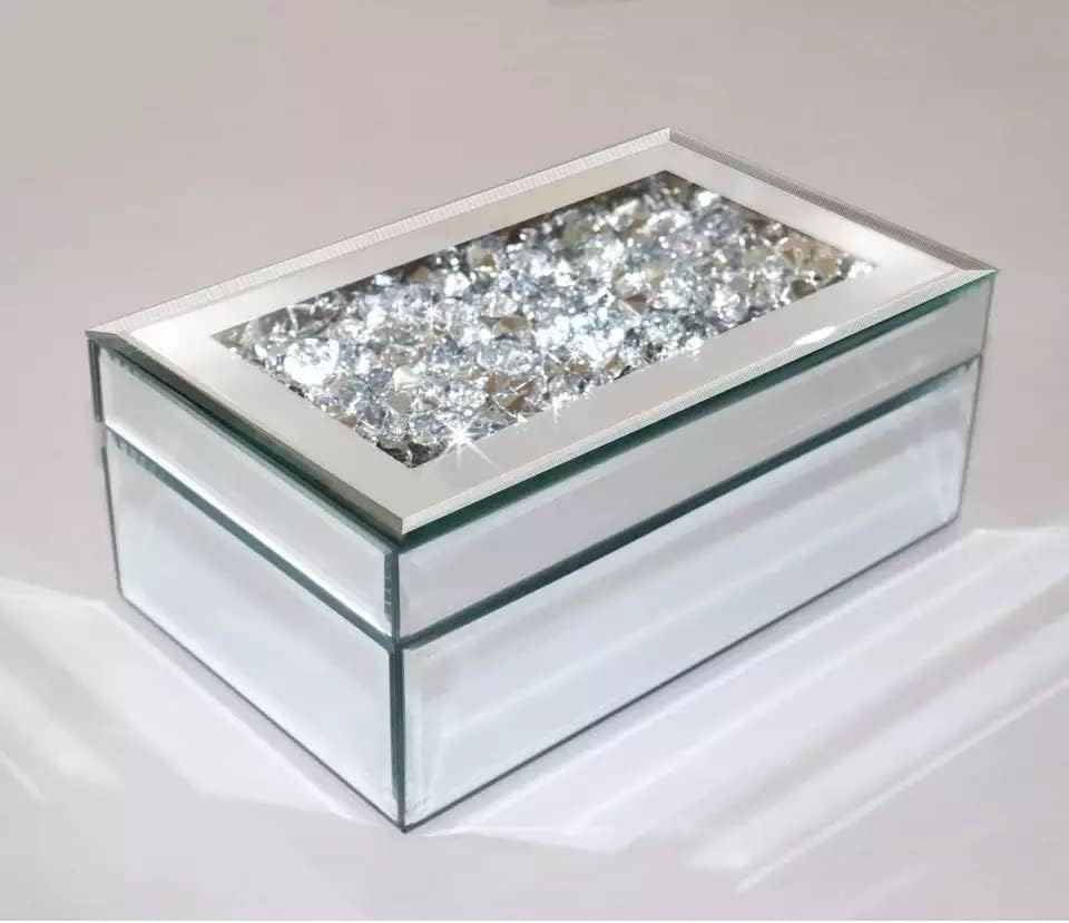 Eaglewiz Silver Crushed Jewel Diamante Mirrored Glass Crystal Jewellery box Storage Chest Diamante Box Women Trinket Drawers Organiser Boxes Makeup Container Crystal Dresser