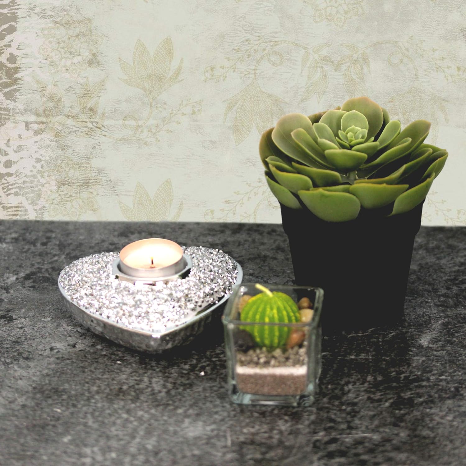 Silver Sparkle Diamante Heart Shaped Tea Light Candle Holder Home Decor Ornament - Image 3