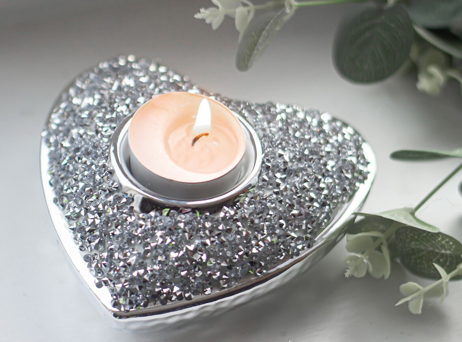 Silver Sparkle Diamante Heart Shaped Tea Light Candle Holder Home Decor Ornament