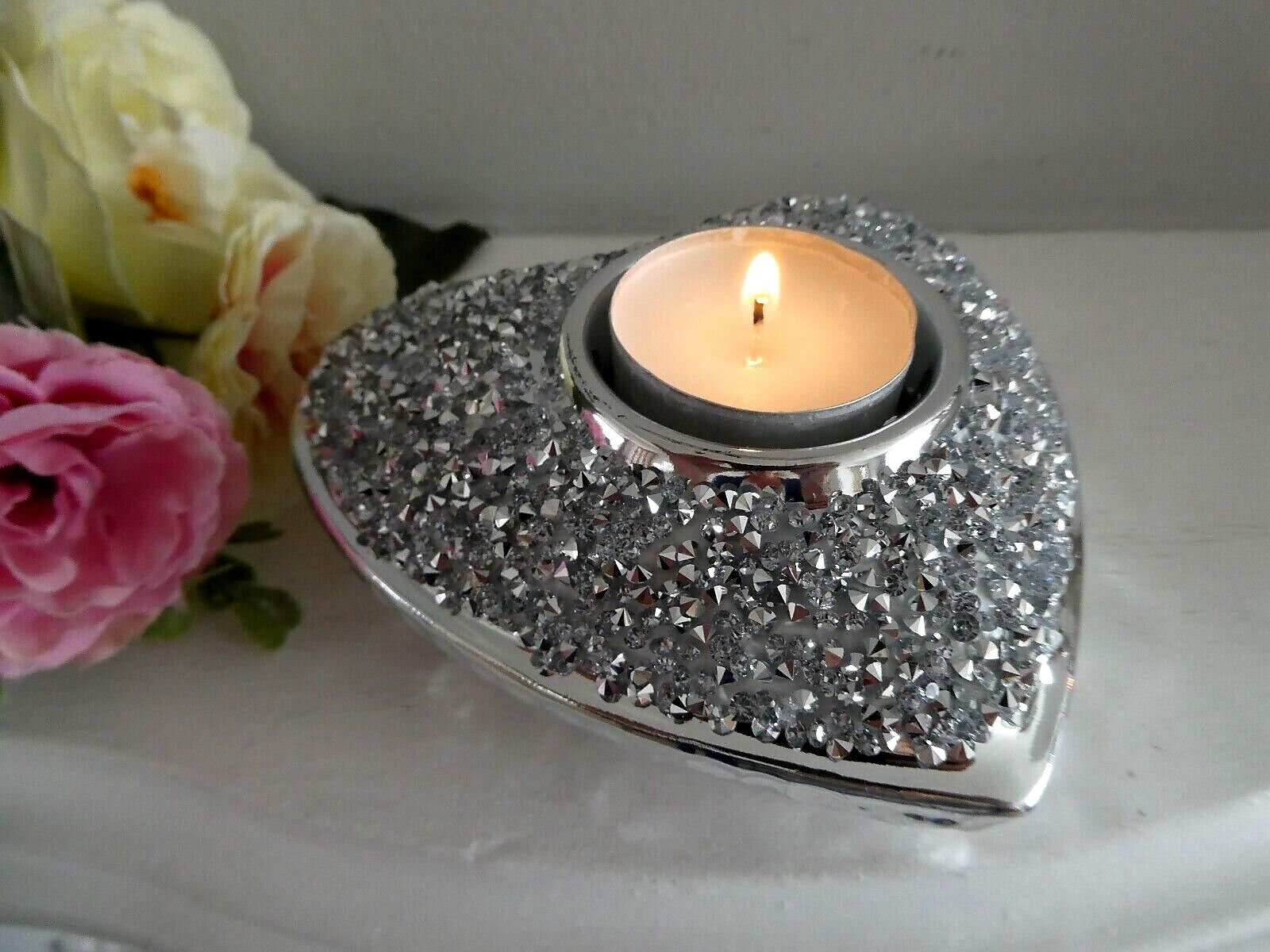 Silver Sparkle Diamante Heart Shaped Tea Light Candle Holder Home Decor Ornament - Image 6