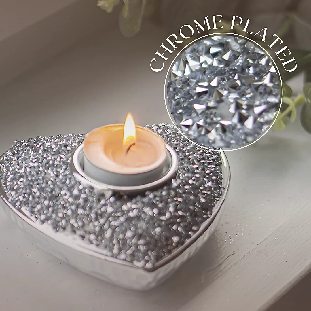 Silver Sparkle Diamante Heart Shaped Tea Light Candle Holder Home Decor Ornament - Image 7