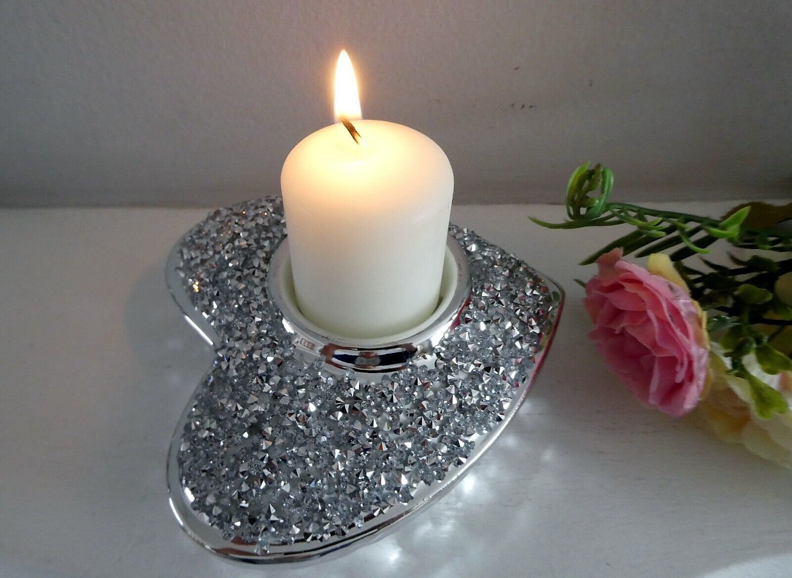 Silver Sparkle Diamante Heart Shaped Tea Light Candle Holder Home Decor Ornament - Image 8