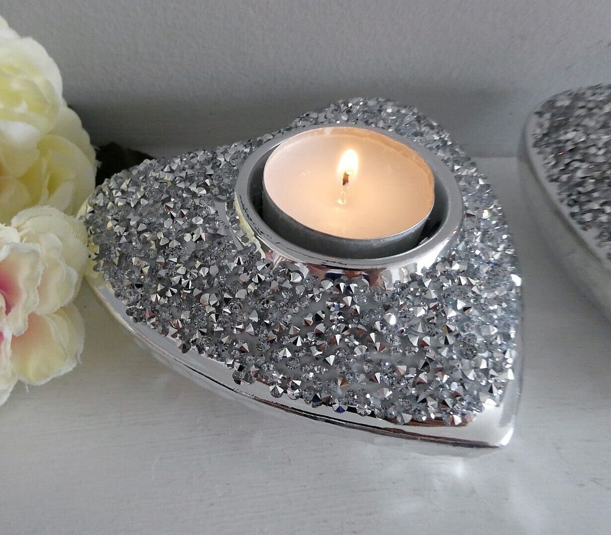 Silver Sparkle Diamante Heart Shaped Tea Light Candle Holder Home Decor Ornament - Image 9