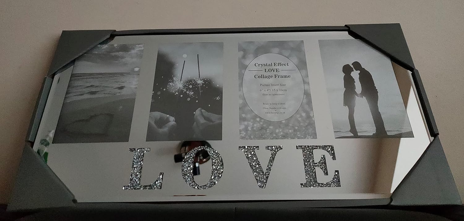 EagleWiz Crystal Effect Silver Mirror LOVE Collage 6x4inch 4 Photos Wall Frame - Wedding Gift