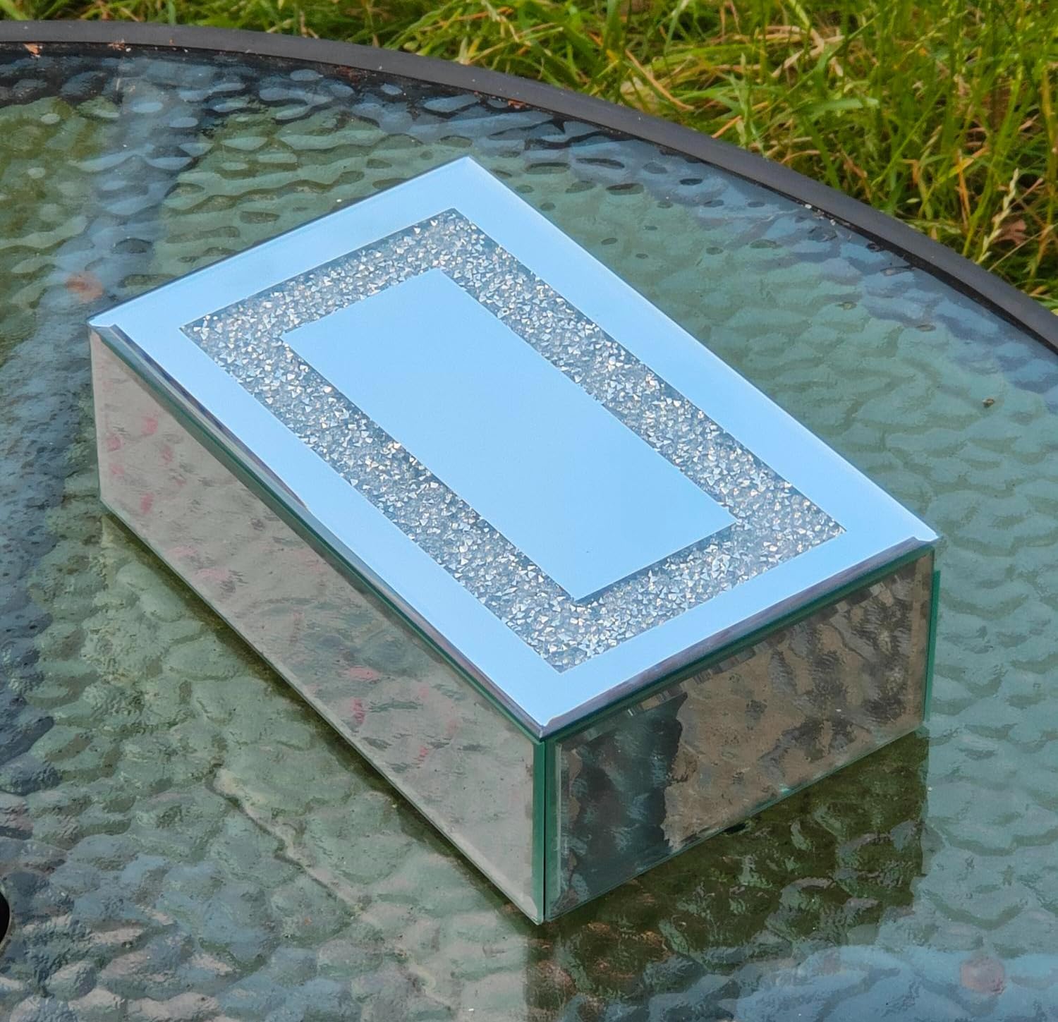 EagleWiz Mirror Glass Rectangle Jewellery Box Crushed Diamond Ornament Silver Trinket Storage Box Earrings Rings Jewelry Keepsake Display for living Room or Bathroom