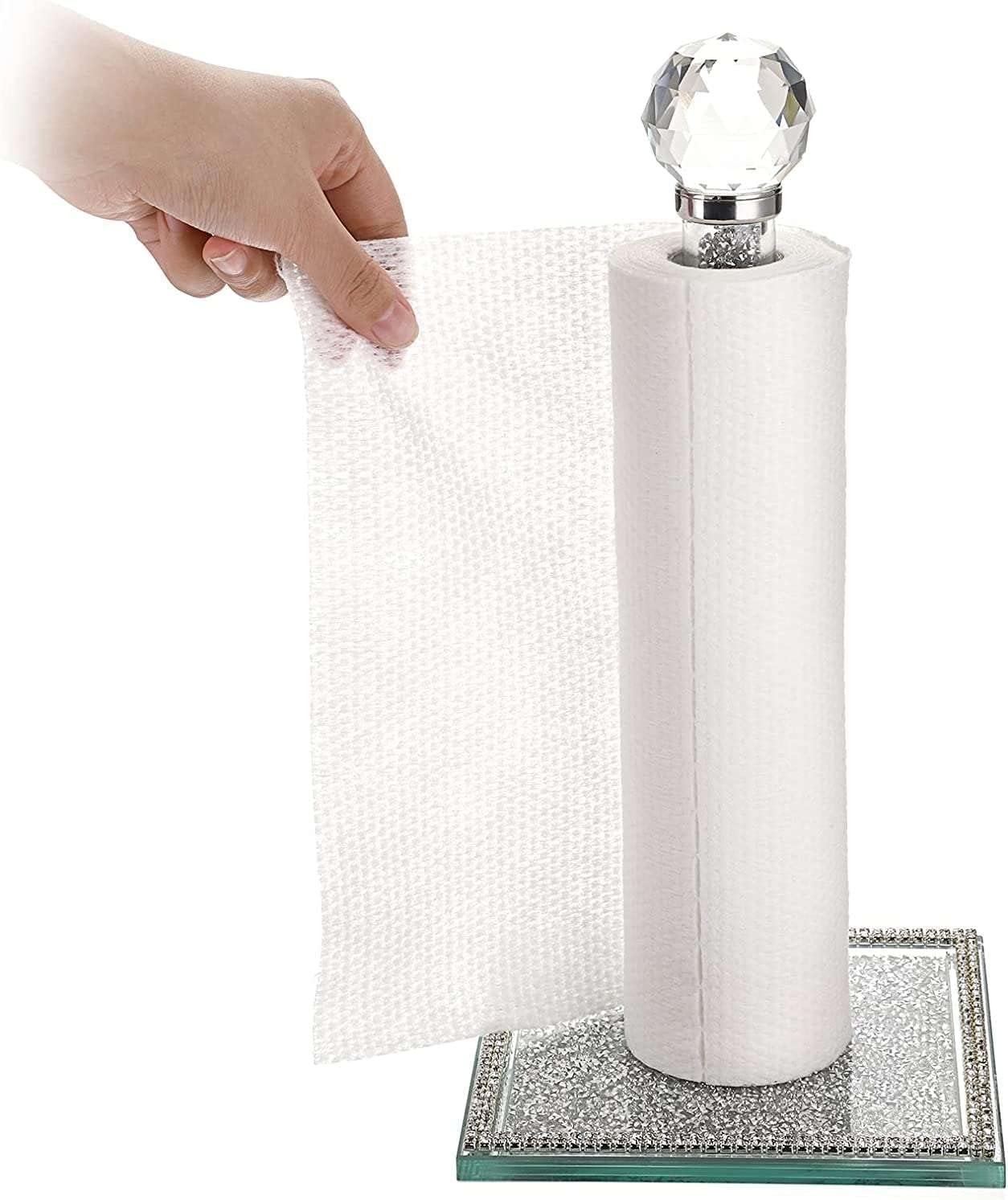EagleWiz Crushed Diamond Silver Crystal Diamante Filled Kitchen Accessories Roll Holder Diamante Freestanding Chrome Paper Towel Holder for kitchen decor 35cm