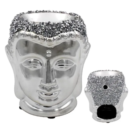 Eaglewiz Silver Sparkle Buddha Head Crushed Crystal Fragrance Oil Burner, Wax Warmer Ornament