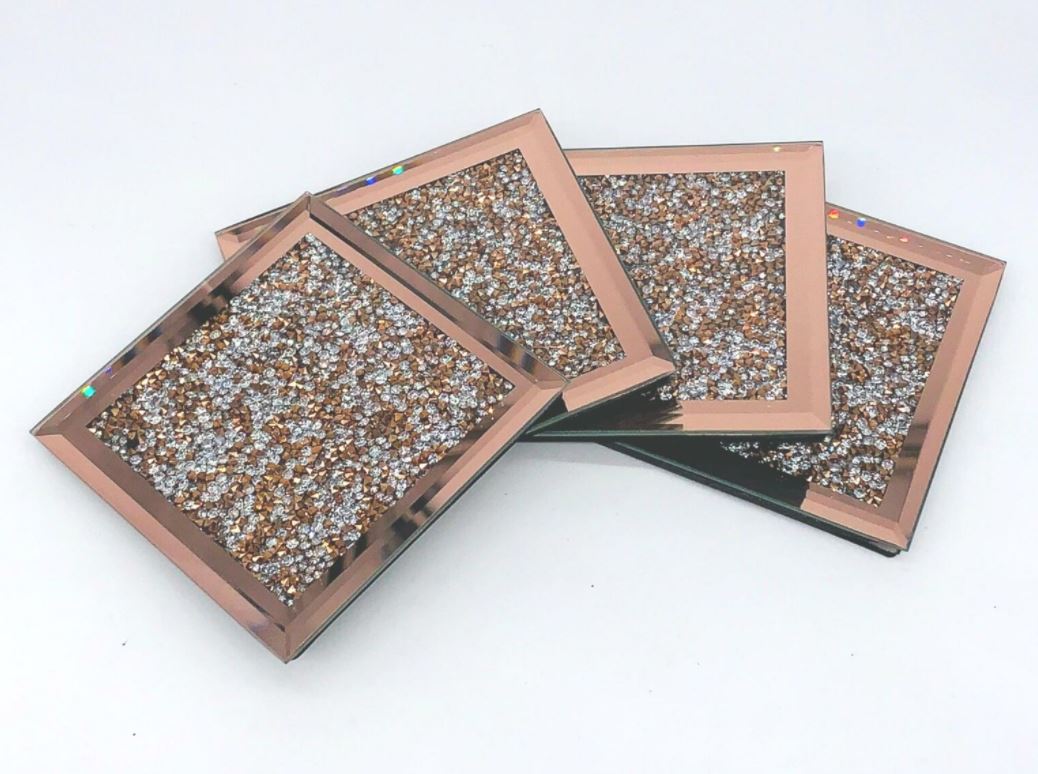 EagleWiz 4 Square Crushed Crystal Rose Gold Mirrored Coaster Glitter Diamante