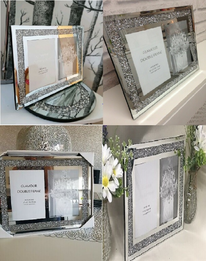 Eaglewiz Crushed Crystal Diamond Jewels Silver Mirror Double Photo Frame - Image 6