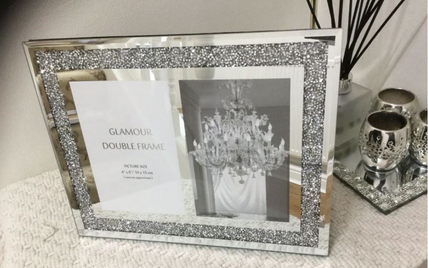 Eaglewiz Crushed Crystal Diamond Jewels Silver Mirror Double Photo Frame