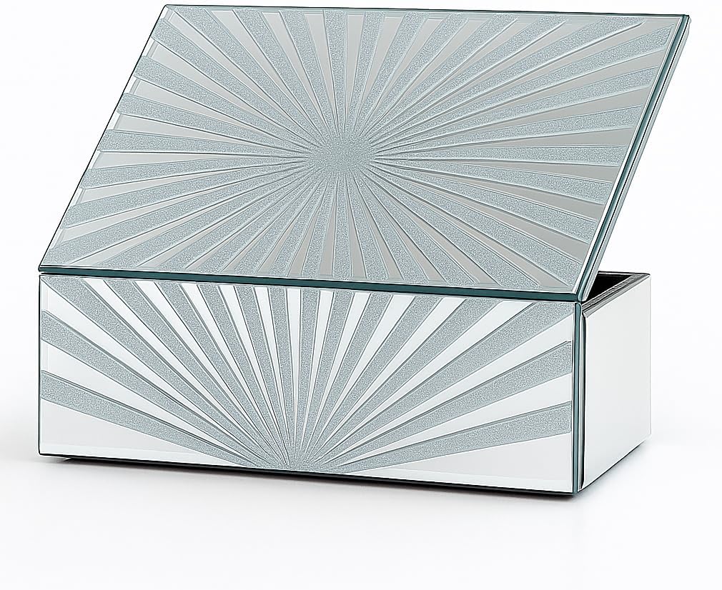 Sunrays Silver Glass Mirrored Jewellery Box Organiser Modern Trinket Storage Box Earrings Rings Jewelry Keepsake